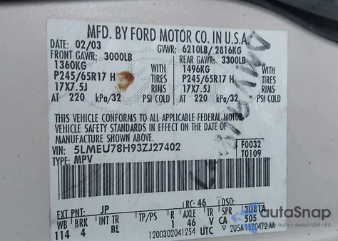 2003 Lincoln Aviator из США, поврежденный, VIN 5LMEU78H93ZJ27402